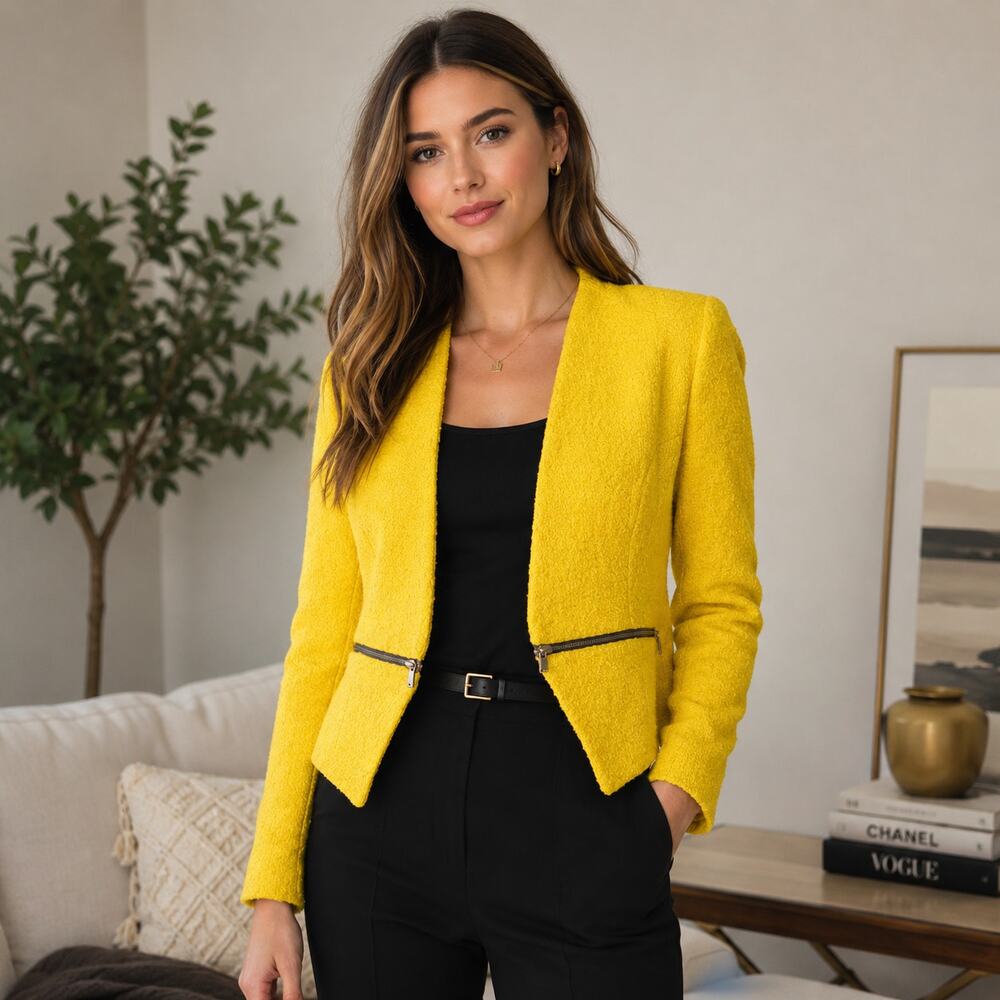 Zara Sz XS Yellow Tweed Knit Lined Blazer Spring Jacket Zipper Asymetrical Hem